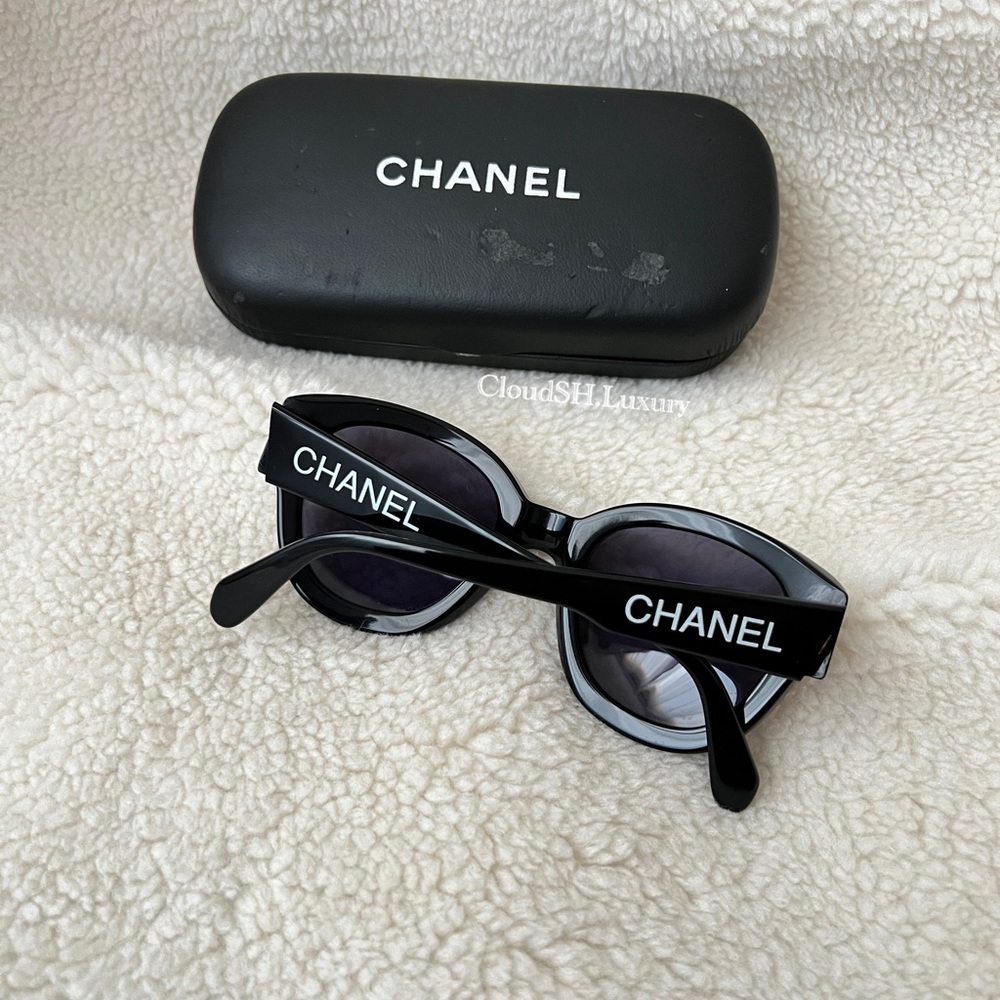 Auth Chanel Logo Vintage 05247 Black Square Frame Sunglasses